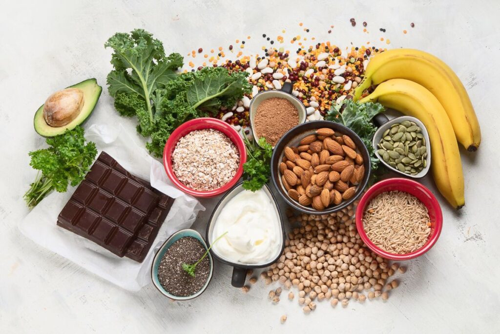 Magnesium rich foods like chocolate, bananas, avocado, and nuts